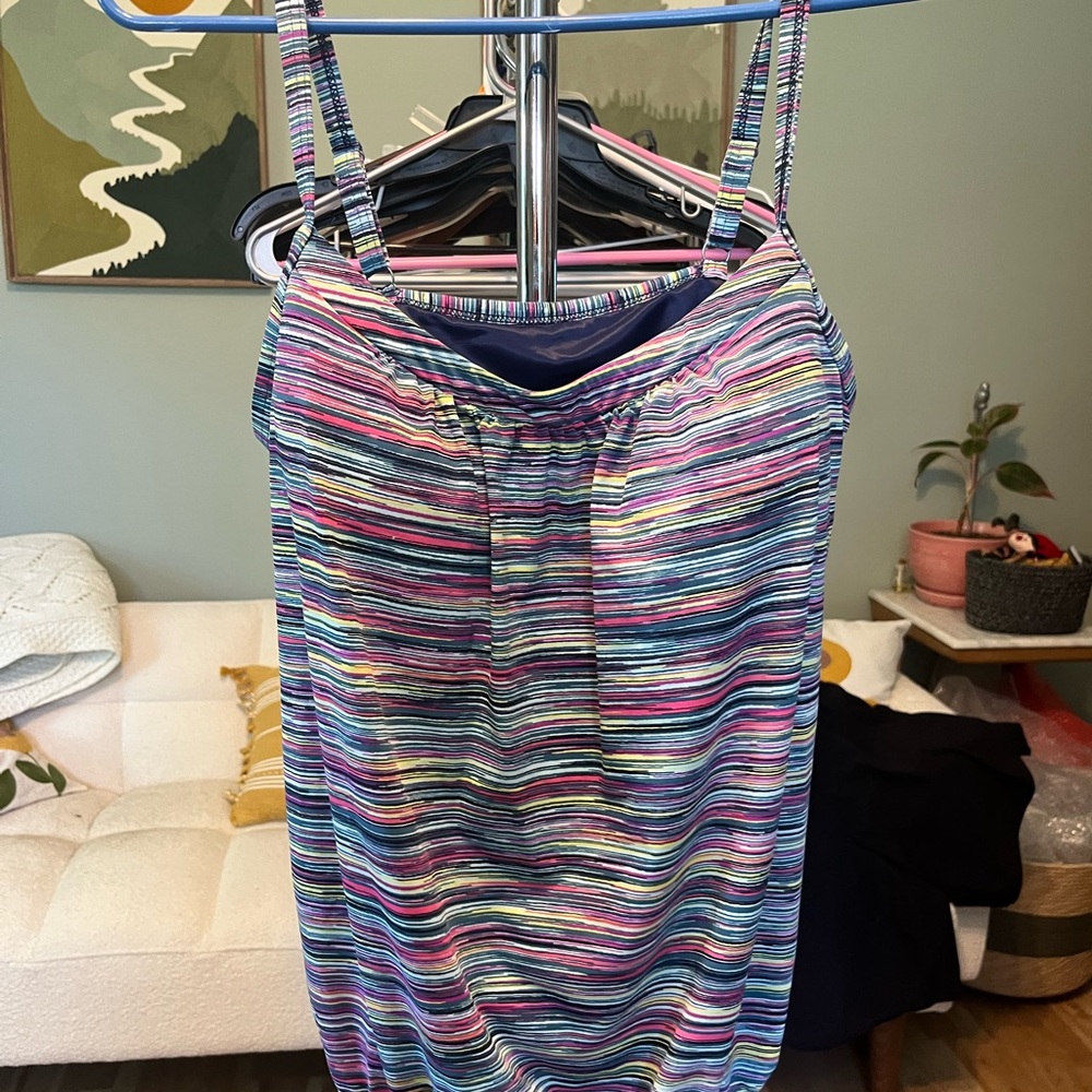 Lands' End Multicolor Striped Tankini Top with Blue Swim Shorts - Picture 2 of 5